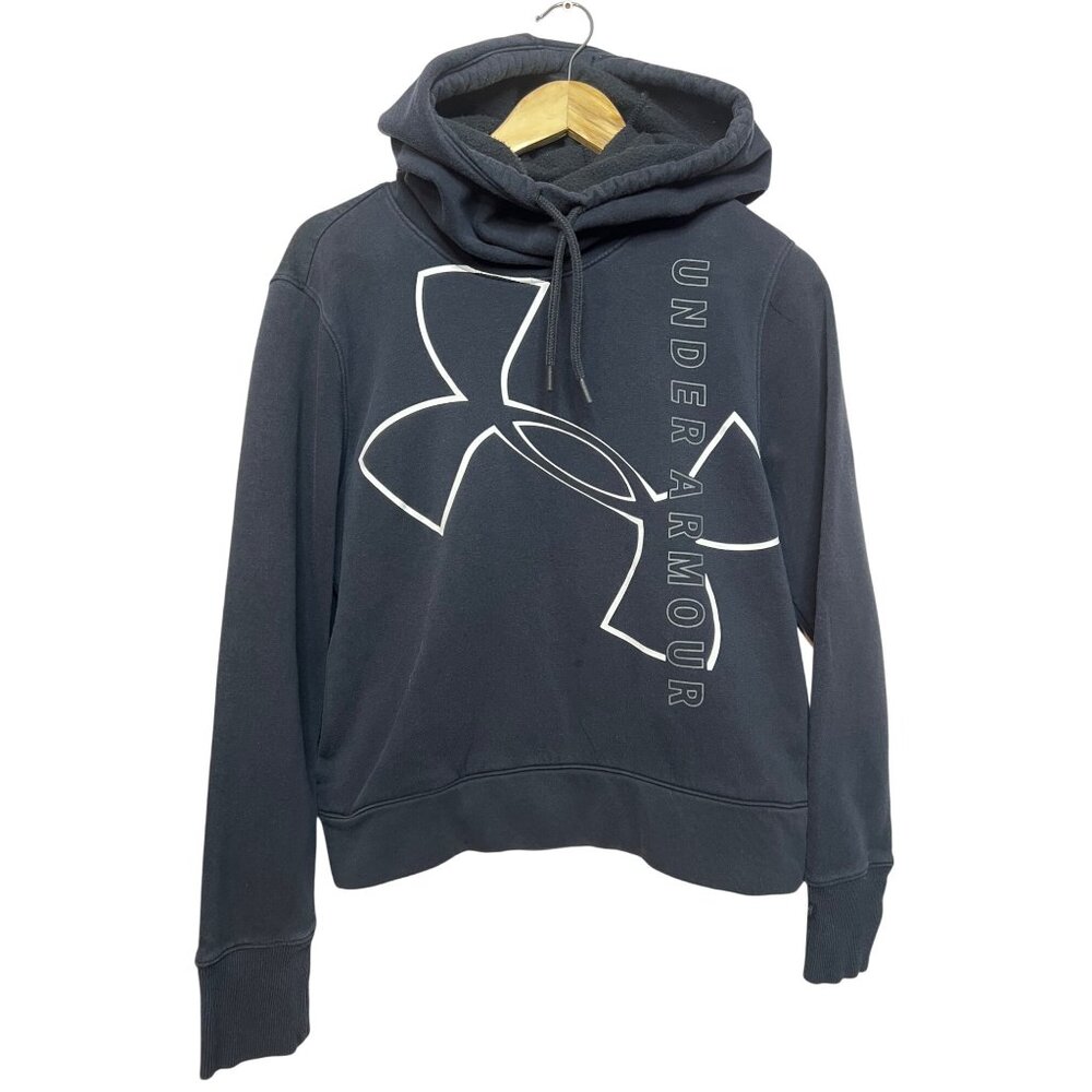 Under Armour Navy Blue Loose Fit Hoodie Sweatshirt Womens Medium Logo Spell Out